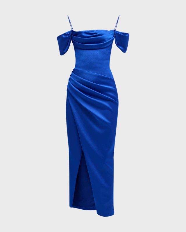 Draped Off-The-Shoulder Satin Midi Dress